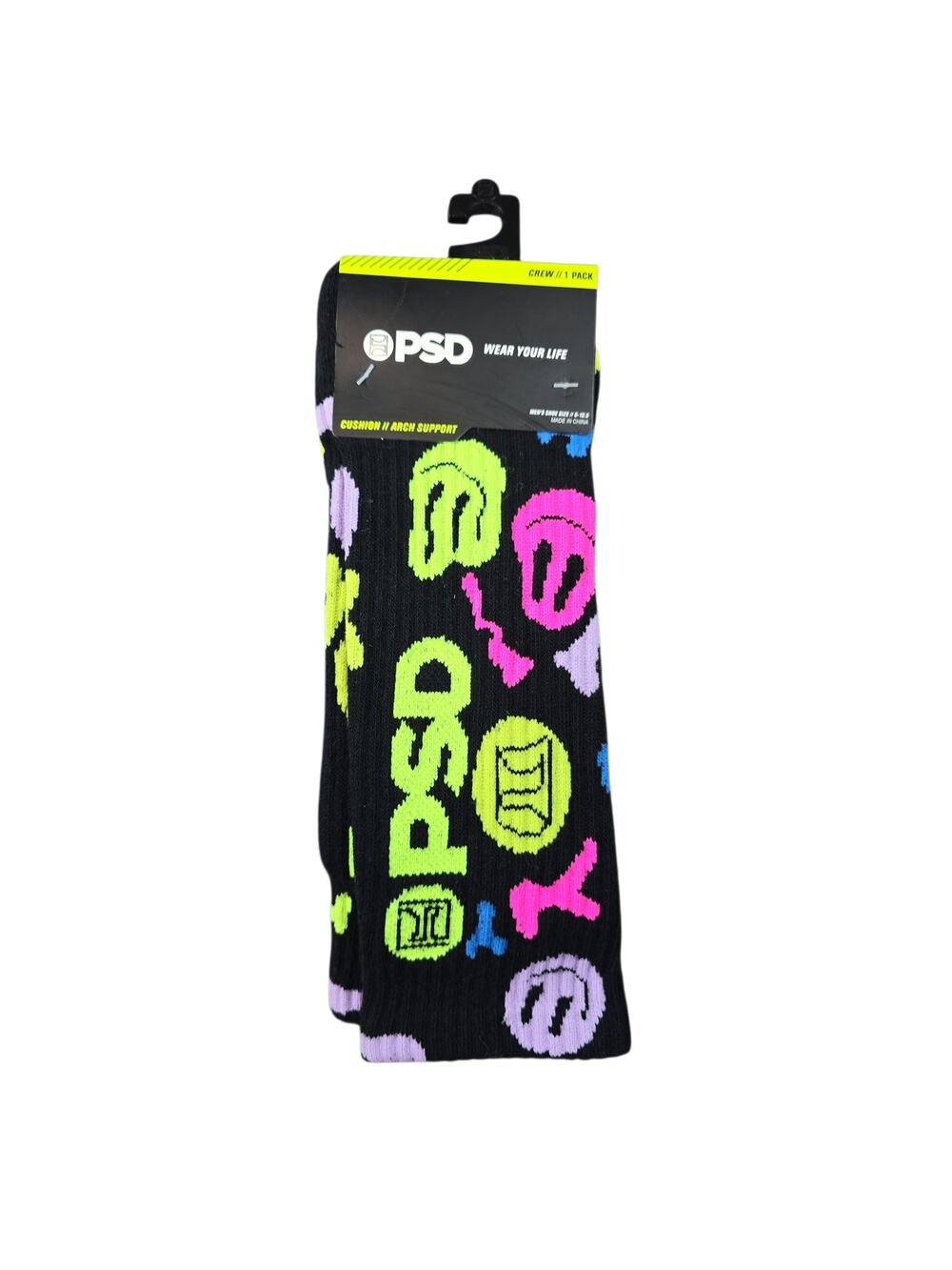 PSD Smiley Face Crew Socks Mens 6-12.5 Graphic Multicolor Novelty Streetwear NWT